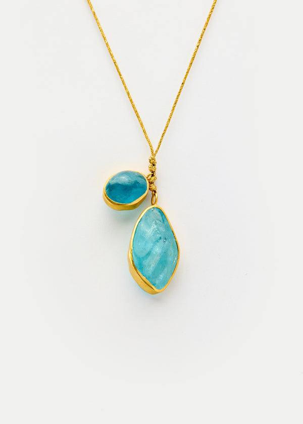18kt Gold Cerulean Aquamarine Double Pendants on Cord