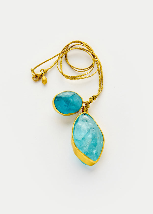 18kt Gold Cerulean Aquamarine Double Pendants on Cord