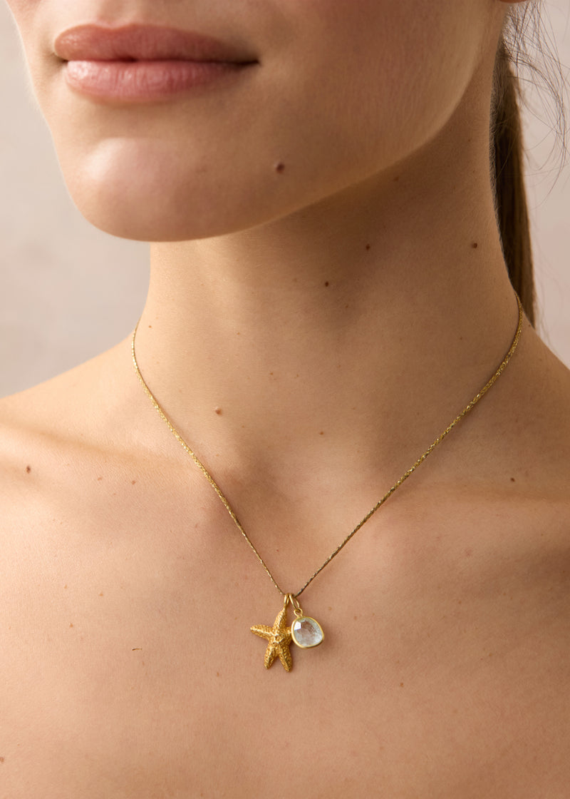 18kt Gold Starfish & Aquamarine Amulets on Cord