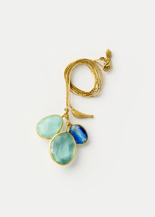 18kt Gold Aquamarine & Kyanite with Fish Cluster on Cord