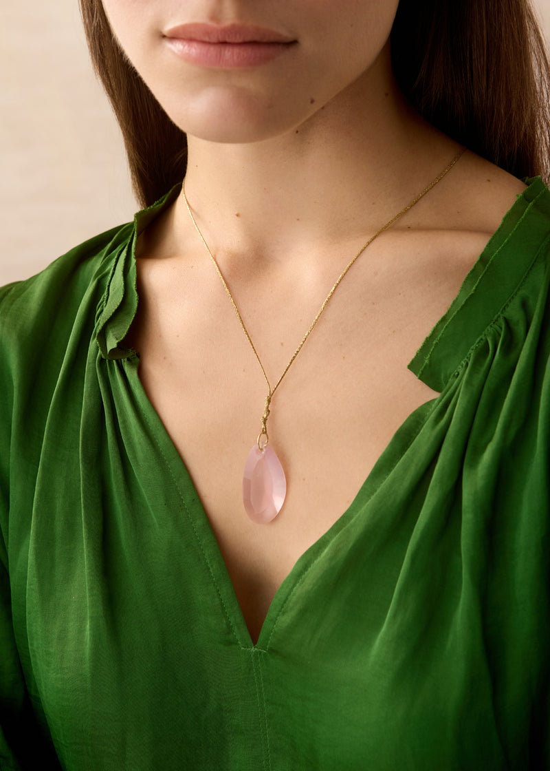18kt Gold Pink Agra Rose Quartz Drill & Loop Amulet on Cord