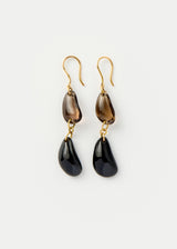 18kt Gold Night Black Onyx & Smokey Quartz Double Drop Earrings