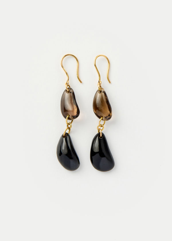 18kt Gold Night Black Onyx & Smokey Quartz Double Drop Earrings