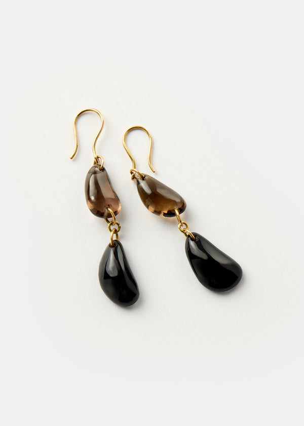 18kt Gold Night Black Onyx & Smokey Quartz Double Drop Earrings