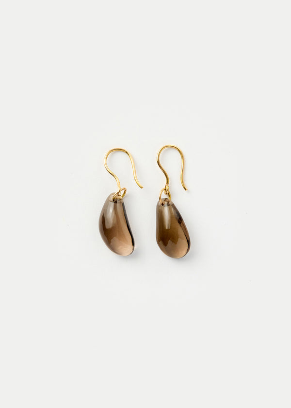 18kt Gold Night Tumbled Smokey Quartz Single Drop Earrings