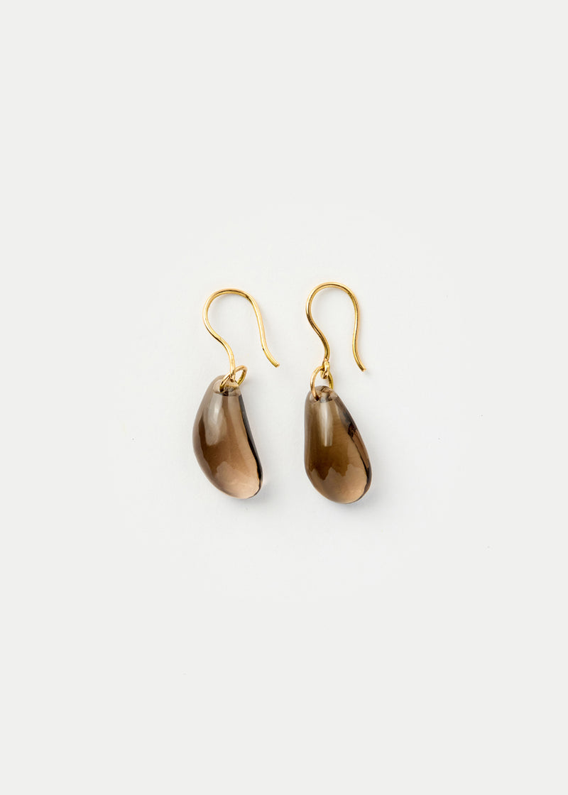 18kt Gold Night Tumbled Smokey Quartz Single Drop Earrings