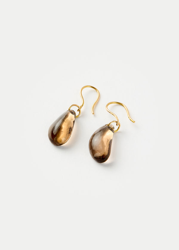 18kt Gold Night Tumbled Smokey Quartz Single Drop Earrings