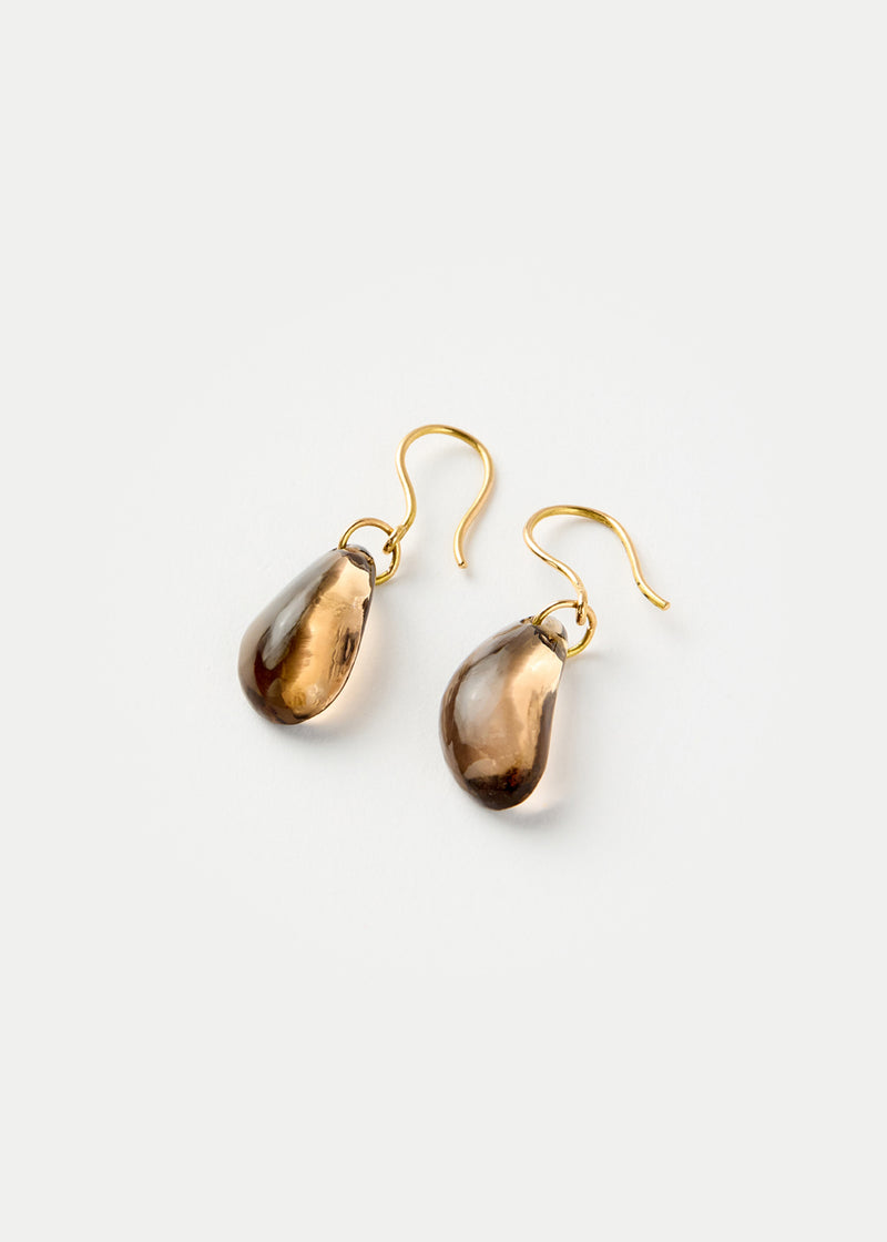 18kt Gold Night Tumbled Smokey Quartz Single Drop Earrings