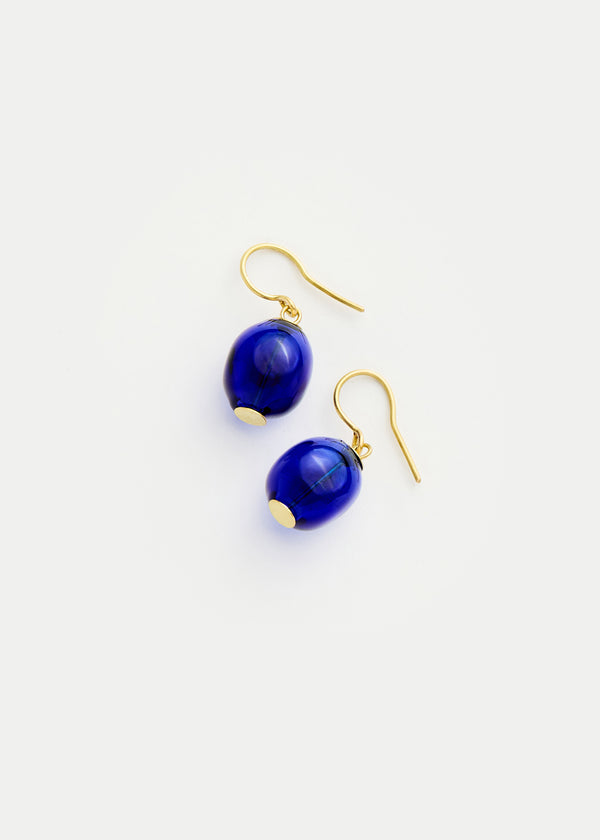18kt Gold Azaz Dark Blue Glass Olive Drop Earrings