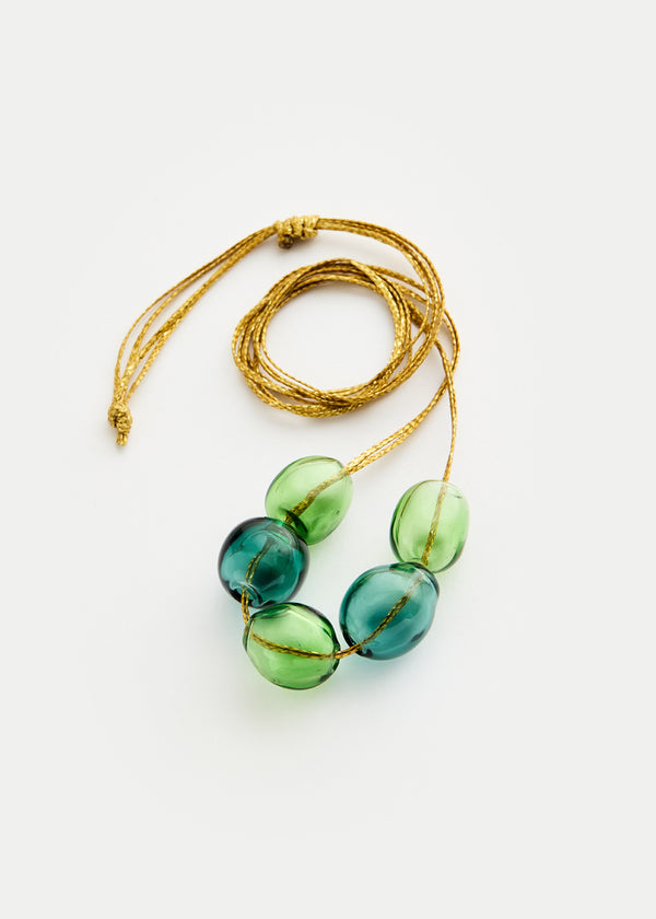 Azaz Mixed Greens Glass Bubble Beaded Necklace on Cord
