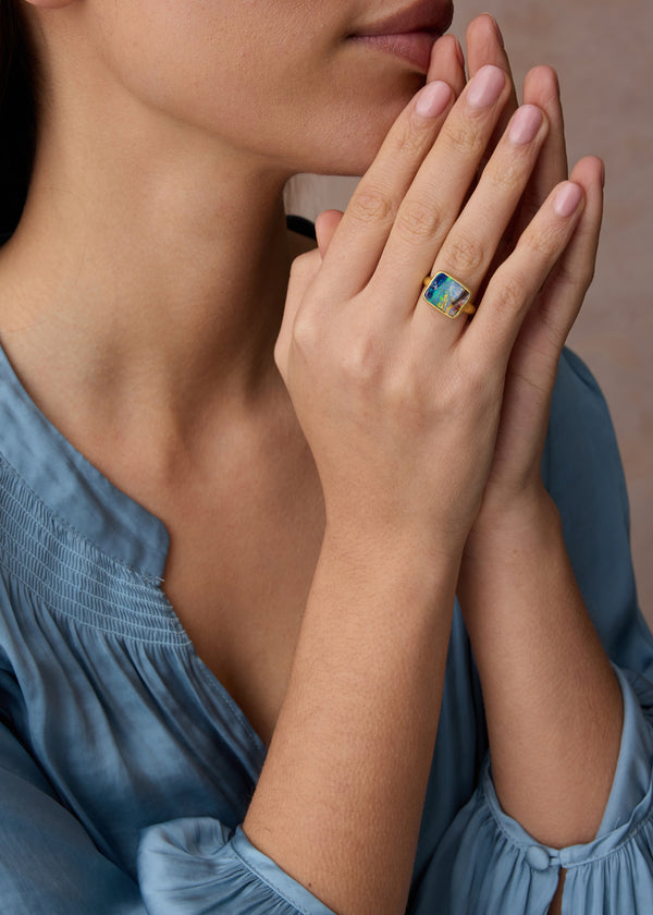 18kt Gold Australian Boulder Opal Square Greek Ring