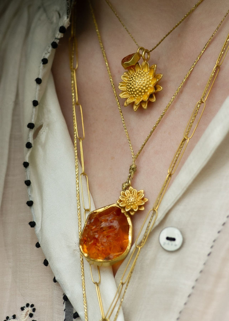 18kt Gold Large Sunflower & Rough Citrine Metamorphic Amulets on Cord