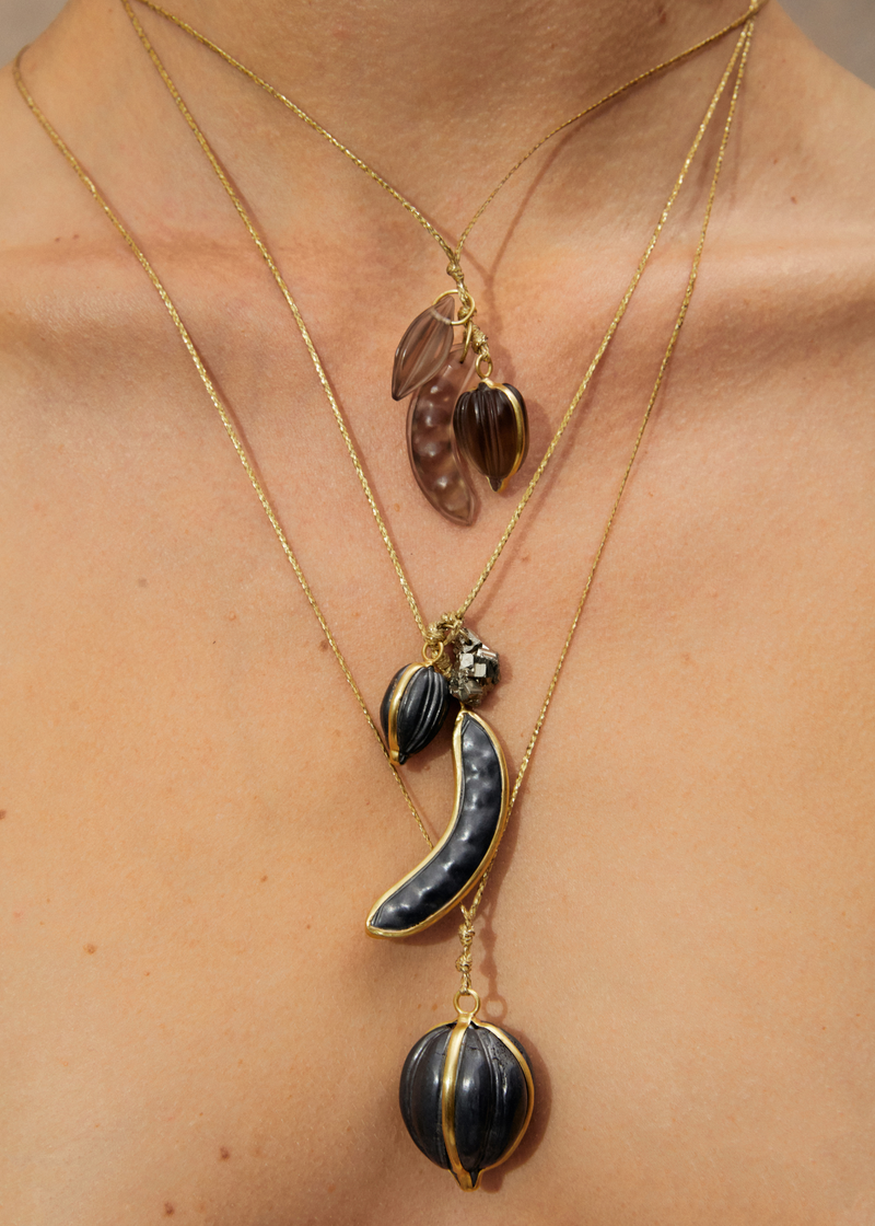 18kt Gold Night Seed & Lilac Amulets on Cord