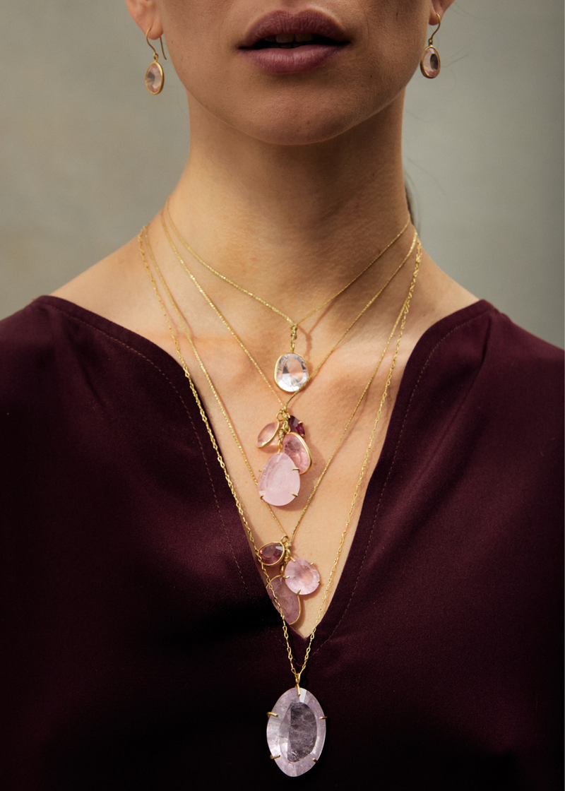 18kt Gold Pink Agra Pink Tourmaline, Morganite & Rose Quartz Cluster on Cord