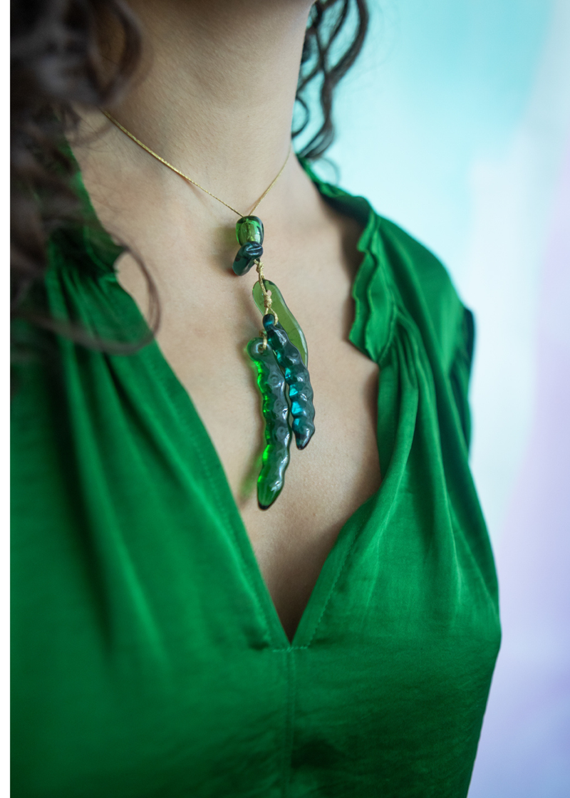 Azaz Green Glass Bean Cluster on Cord