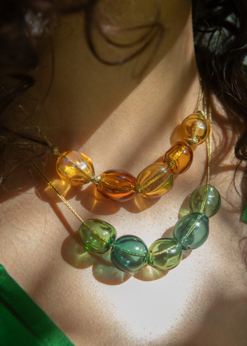 Azaz Mixed Greens Glass Bubble Beaded Necklace on Cord