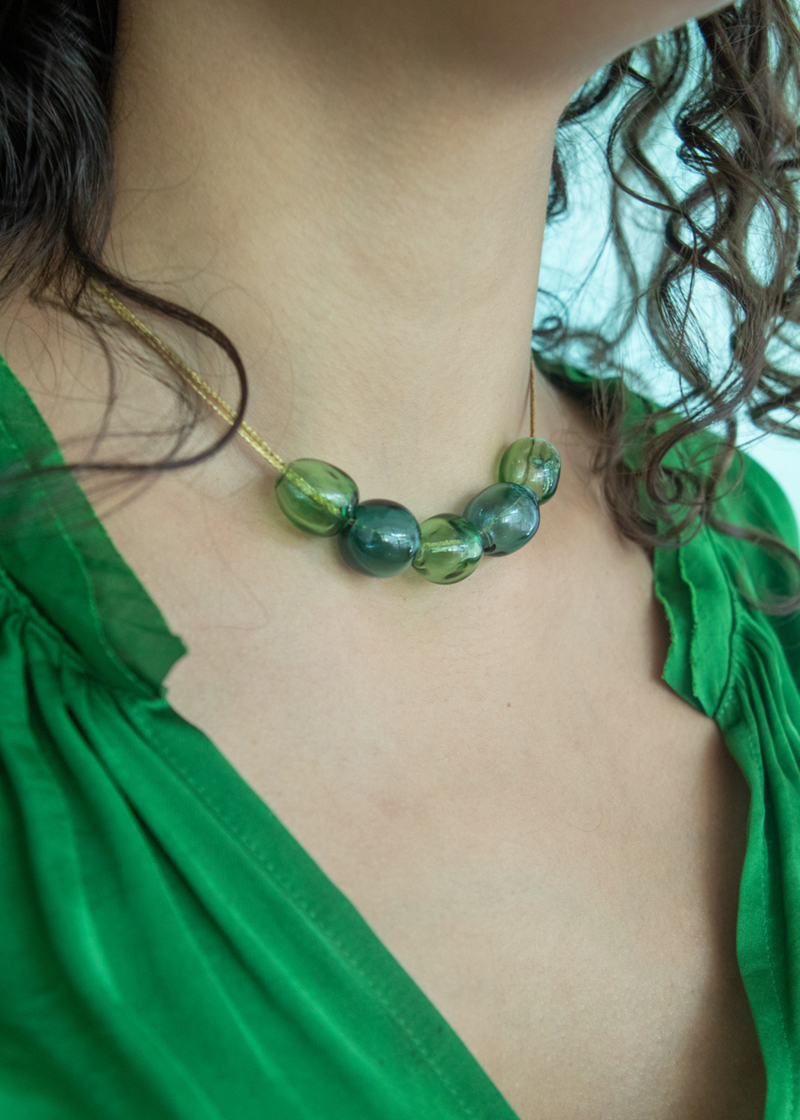 Azaz Mixed Greens Glass Bubble Beaded Necklace on Cord