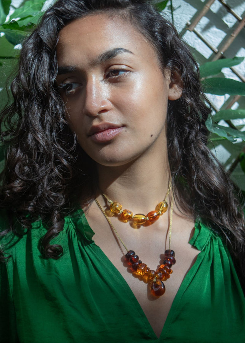 Azaz Amber Glass Multi Beaded Necklace on Cord