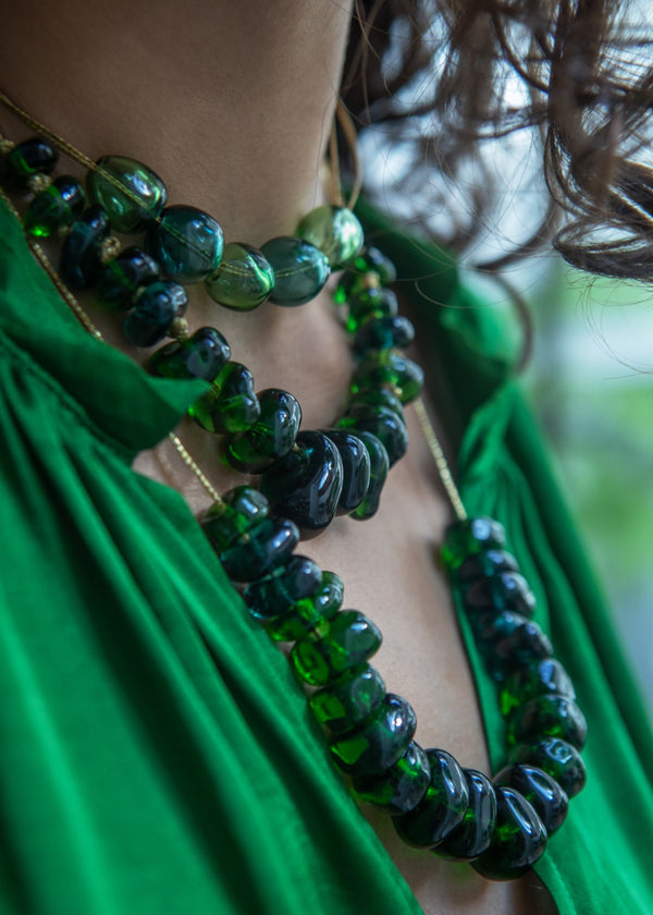 Azaz Green Glass Multi Beaded Necklace on Cord
