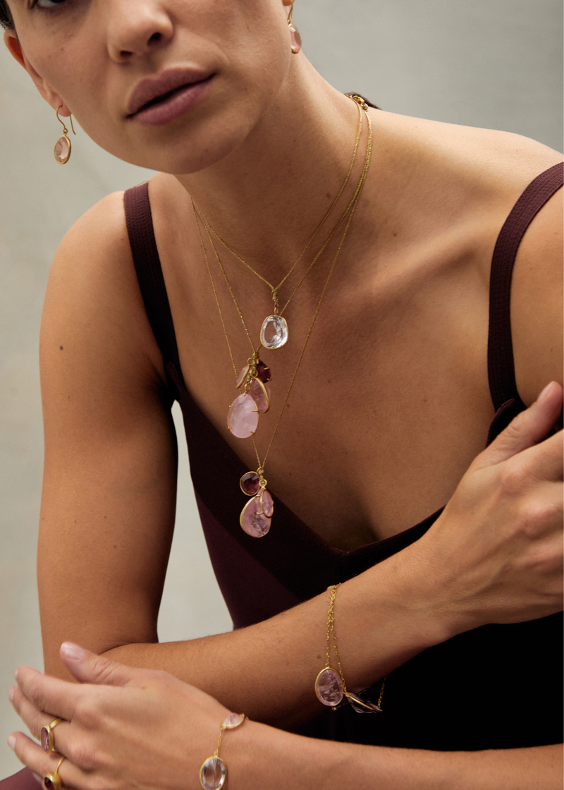 18kt Gold Pink Agra Pink Tourmaline, Morganite & Rose Quartz Cluster on Cord