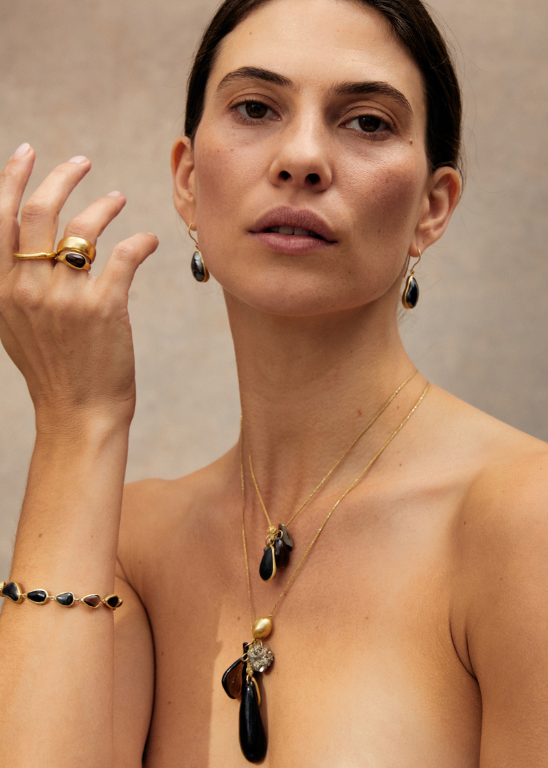 18kt Gold Night Hematite Single Drop Earrings