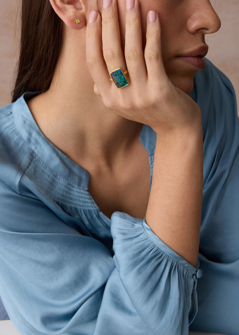 18kt Gold Australian Boulder Opal Large Rectangular Greek Ring