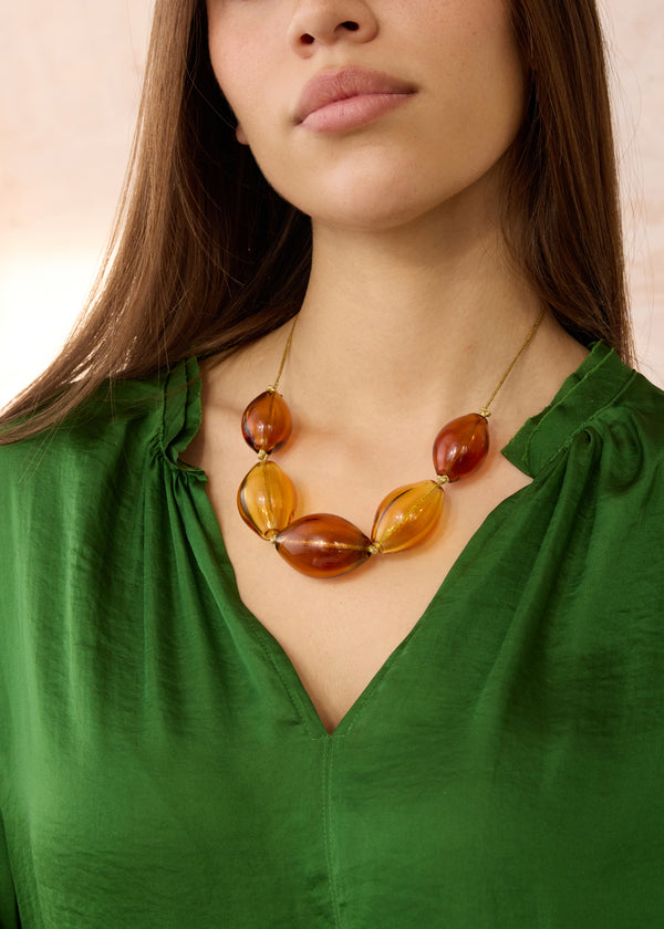 Azaz Amber Glass Bubble Beaded Necklace on Cord