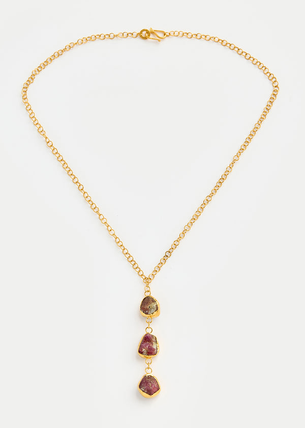 18kt Gold Vermeil PSTM Afghanistan Ruby Three Drop Necklace 