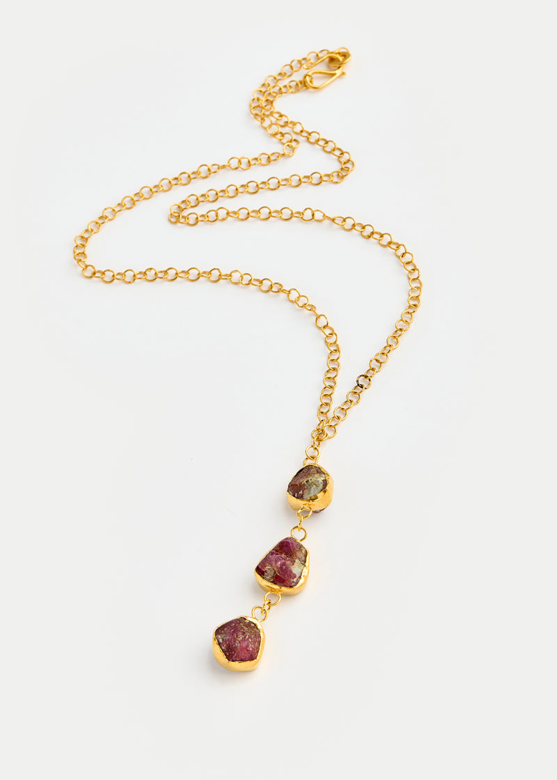 18kt Gold Vermeil PSTM Afghanistan Ruby Three Drop Necklace 