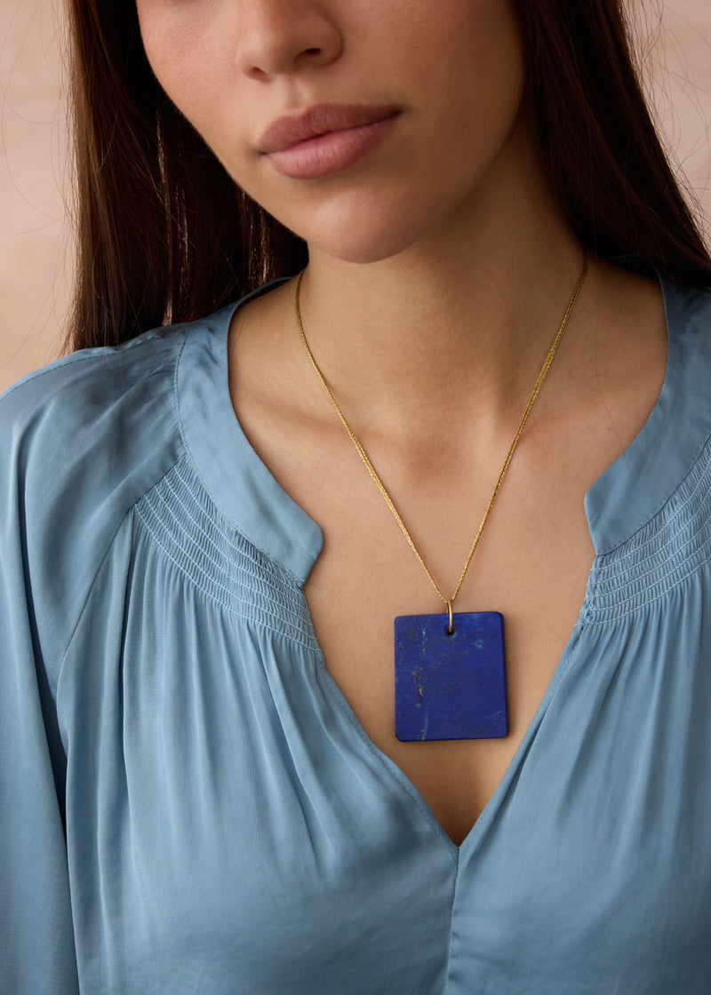 18kt Gold Drill & Loop Lapis Amulet on Cord