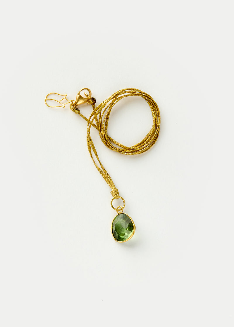 18kt Gold PSTM Myanmar Tender Greens Peridot Amulet on Cord
