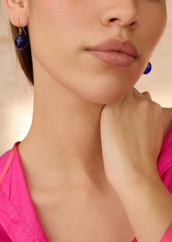 18kt Gold Azaz Dark Blue Glass Olive Drop Earrings