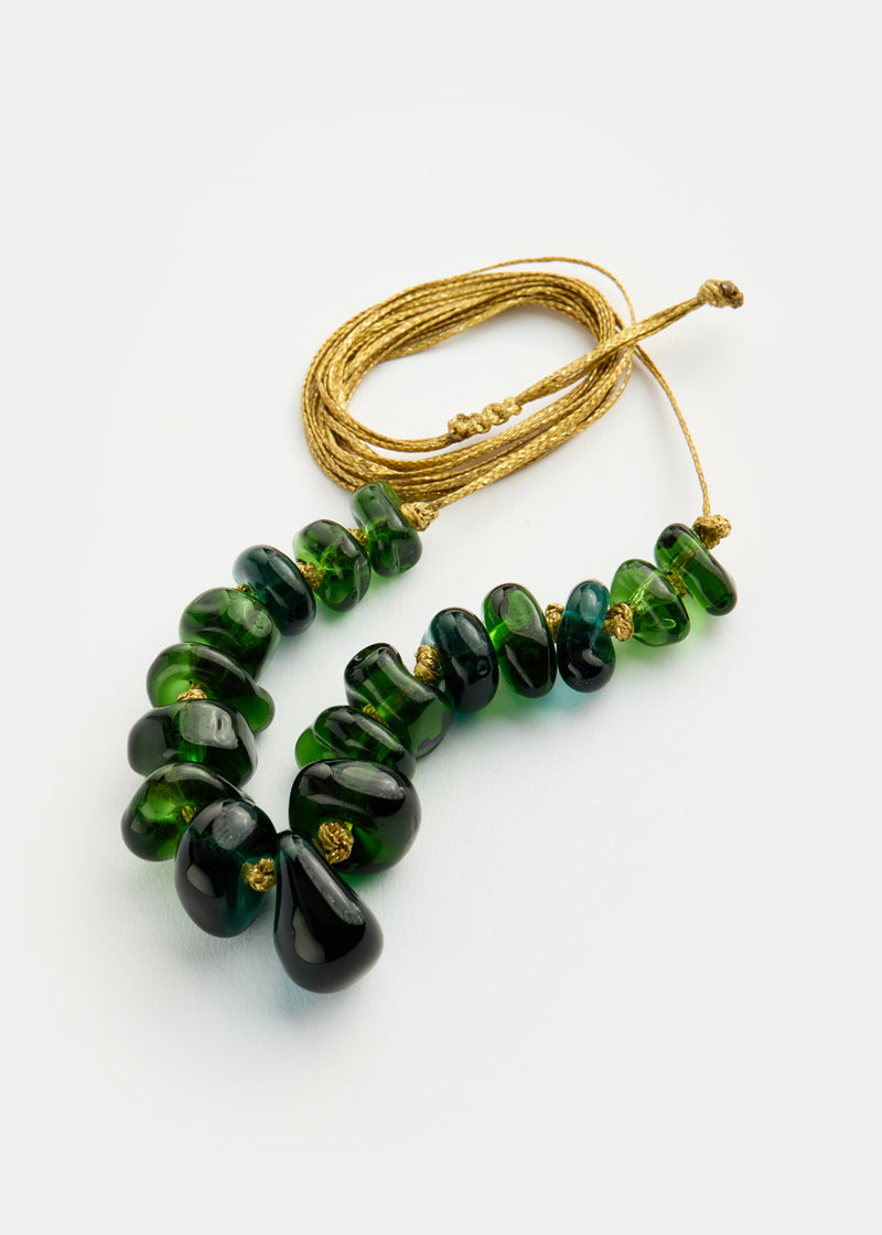 Azaz Green Glass Multi Bead Necklace on Cord