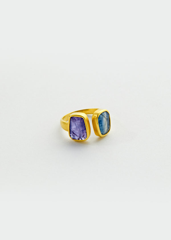 18kt Gold Light and Space Kyanite & Tanzanite Two Stone Greek Ring