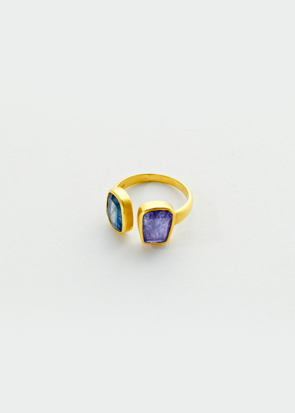 18kt Gold Light and Space Kyanite & Tanzanite Two Stone Greek Ring