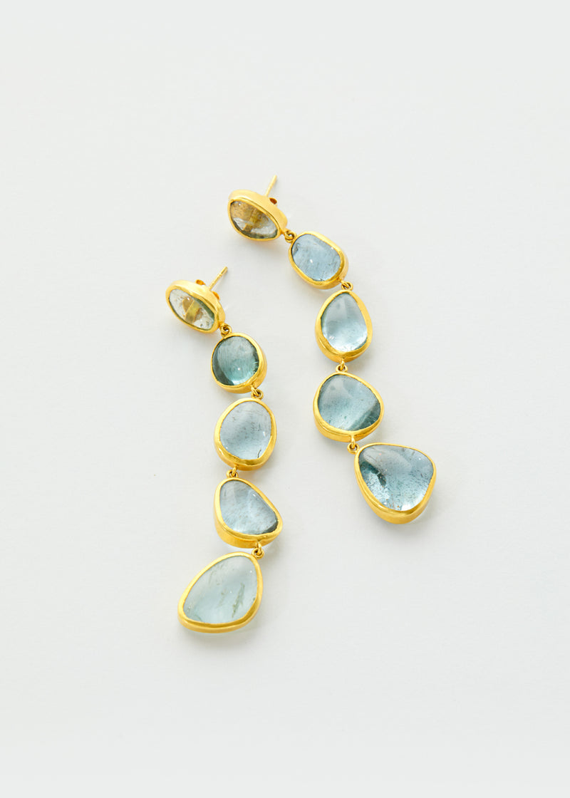 18kt Gold Aquamarine Long Five Drop Stud Earrings