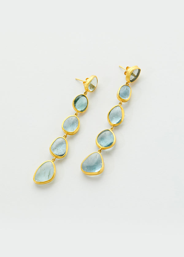 18kt Gold Aquamarine Long Five Drop Stud Earrings