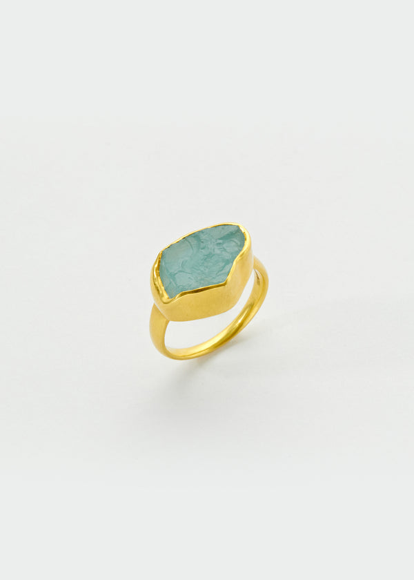 18kt Gold Uncut Aquamarine Greek Ring