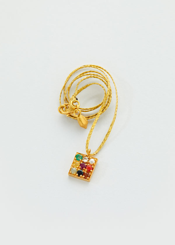 18kt Gold Square Navaratna Amulet on Cord