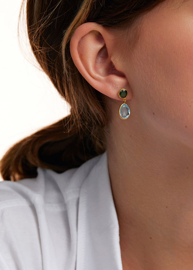 18kt Gold Aquamarine & Green Tourmaline Drop Earrings